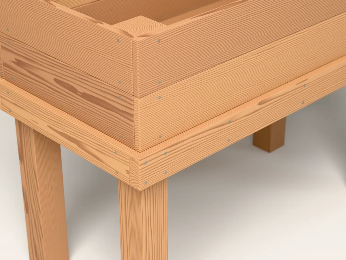 Close-up 3D rendering of the cedar planter construction