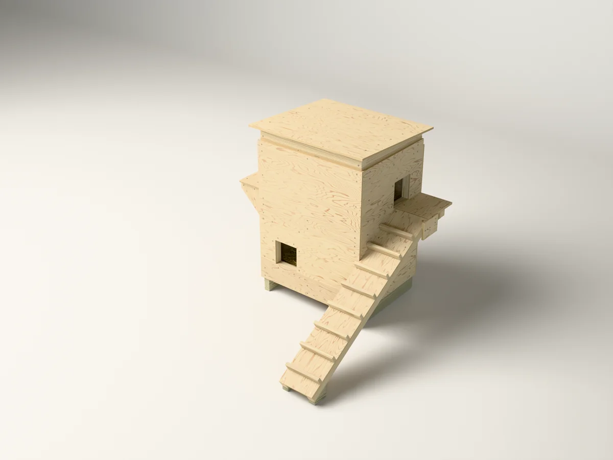 3D rendering of the Two-Story Outdoor Cat Shelter